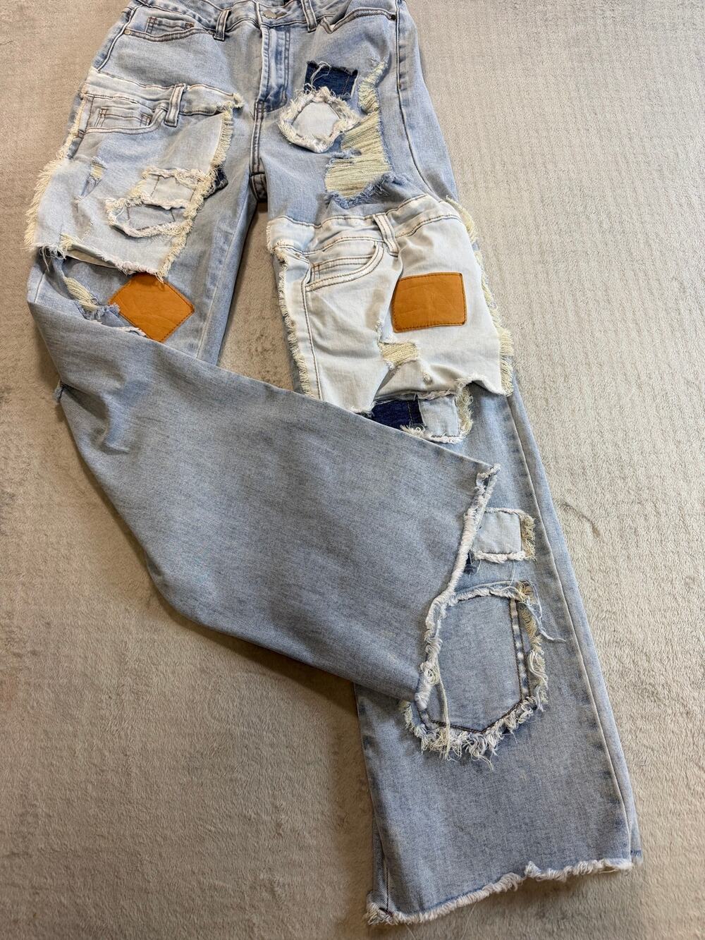 Y2K Patchwork Distressed Wide Leg Jeans Size M Deconstructed Light Wash Denim